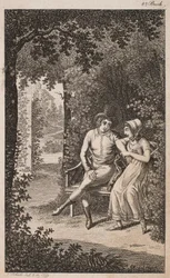 Illustratie met paar op bank in een tuin
