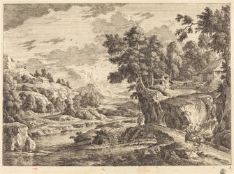 Landschap met een brug en drie boerderijen