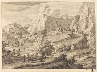 Bergachtig Landschap met Figuren en een Klooster