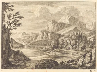 Bergachtig landschap met een vervallen kasteel en een boogbrug in de verte