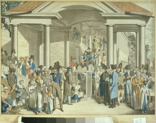 Gezondheidsgemeenschap bij de Karlsbader Fontein, 1810 (aquatint tekening)