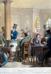 Tafel van Parijs: uitzicht op het café du commerce: burgers praten, spelen domino. Lithografie door George Emanuel Opitz (1775-1841) 19e eeuw. Parijs, Musee Carnavalet