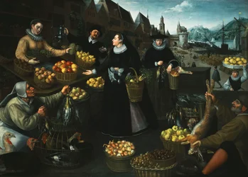 Een allegorie van de herfst: een fruit- en groentekraam boven de Weinmarkt in Frankfurt