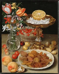 Stilleven met dessert en boeket (schilderij)