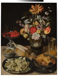 Stilleven met bloemen en etenswaren