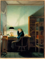 Lezende man onder de lamp (schilderij op doek)