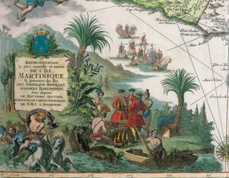 Kaart van Martinique gemaakt door Matthieu Seutter, details: Handelaren en Inheemse Amerikaanse Indiaan