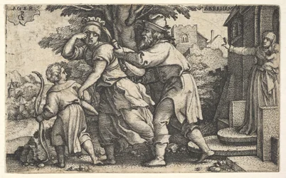Abraham stuurt Hagar en Ismaël weg: Abraham houdt een vat vast terwijl Hagar en Ismaël..., ca. 1543