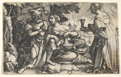 Lot en zijn dochters: een dochter rust met haar rechterarm op Lots knie en een andere..., ca. 1531