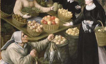 Een allegorie van de herfst: een fruit- en groentekraam boven de Weinmarkt in Frankfurt am Main