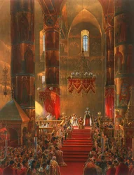 De Metropoliet knielt bij de kroningsceremonie van Tsaar Alexander II, Moskou, 1856