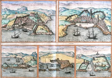 Tangier, Safi, Ceuta, Asilah, Salé, Marokko, uit het boek Civitates orbis terrarum door Braun en Hogenberg. Publicatiejaar 1572, Keulen.
