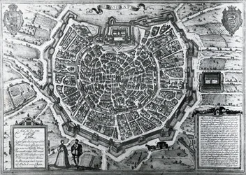 Stadskaart van Milaan, 1572, door Antonio Lafreri, gepubliceerd door Georg Braun en Franz Hogenberg, Italië