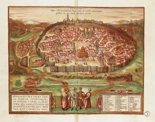 Israël en Palestina, Stad Jeruzalem, door Georg Braun en Franz Hogenberg, uit Civitates Orbis Terrarum, kleurengraving