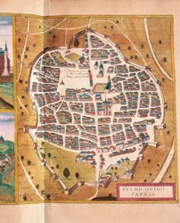 Italië, Sulmona, De stad Sulmona uit Civitates Orbis Terrarum door Georg Braun en Franz Hogenberg, gravure
