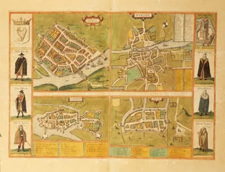 Kaart van Galway, Dublin, Limerick en Cork uit Civitates Orbis Terrarum