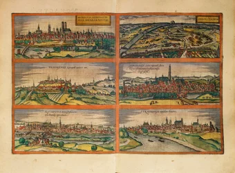 Kaart van München, Ingolstadt, Freising, Nordlingen, Regensburg en Straubing, Duitsland, uit Civitates Orbis Terrarum door Georg Braun