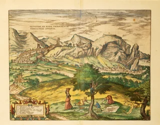 Kaart van Terracina, Lazio regio uit Civitates Orbis Terrarum door Georg Braun