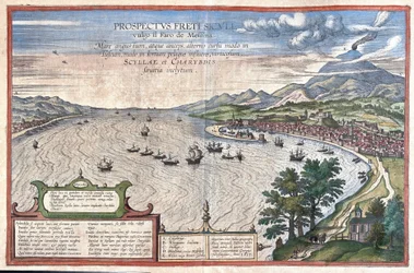 De Straat van Messina, tussen Sicilië en Calabrië (Italië) (gravure)
