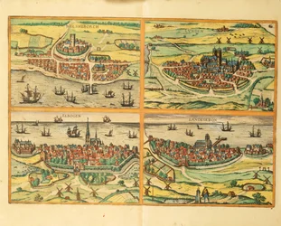 Helsingborg, Lund, Malmö, Elbogen en Landskrona, uit Civitates Orbis Terrarum, Keulen