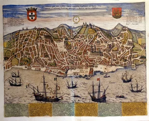 Uitzicht op Lissabon aan het einde van de 16e eeuw. Atlas "Civitates Orbis Terrarum" door Braun & Hogenberg