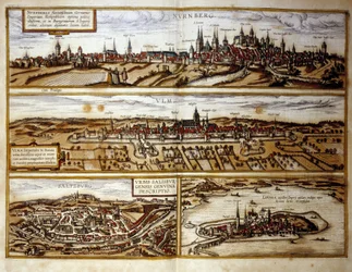 Uitzicht op de Duitse steden Neurenberg en Ulm, Salzburg, Oostenrijk. Gravure uit de Atlas van 