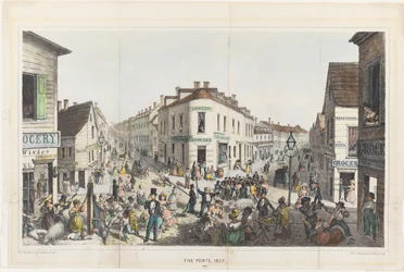 The Five Points, kruising van Baxter, Worth en Park Streets, New York (handgekleurde gravure)