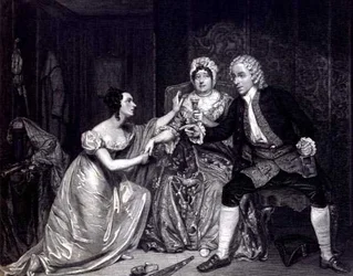 Mr Blanchard, Mrs Davenport en Miss M. Tree als Peachum, Mrs Peachum en Polly in 