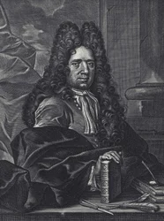 Portret van George Shelley, Engelse kalligraaf uit de 18e eeuw, gravure door George Bickham