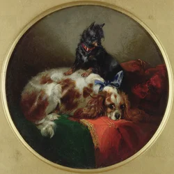 Blenheim Spaniel en Terrier, Schilderij naar J.F. Herring (1795-1865)