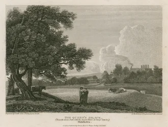 Buckingham House, het Paleis van de Koningin, vanaf het Green Park, met het Wachthuis bij Story