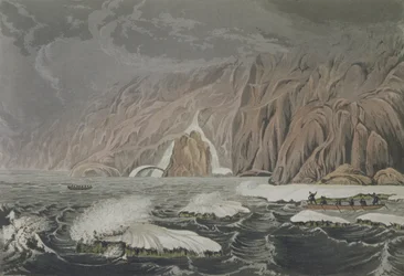 Expeditie die Kaap Barrow verdubbelt, 25 juli 1821, uit Verhaal van een reis naar de kusten van de Poolzee in de jaren 1819-22 door Sir John Franklin, gegraveerd door Edward Finden