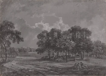 Parkscène met herten, vee en een groep figuren