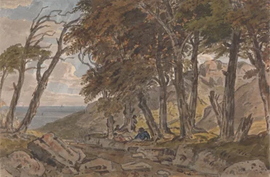 Figuren aan de oever van een beboste laan, met zee in de verte links