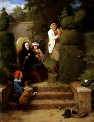 In de Tuin. In de tuin: een grootmoeder en haar twee kleine kinderen kijken naar hun grootvader die een dierenstruik in de tuin snoeit. Schilderij van George Bernard O`Neill (1828-1917 Brits) Privécollectie