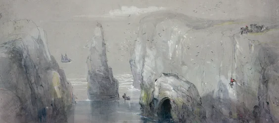 Uitzicht op Flamborough Head, met een groep mannen die meeuweneieren verzamelen