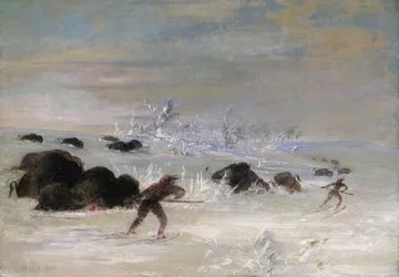 Assiniboine Indianen achtervolgen buffels op sneeuwschoenen