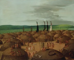 Mandan-dorp in vogelvlucht, 1800 mijl boven St. Louis
