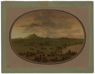 Bivak van een Sioux-oorlogsgroep bij zonsopgang