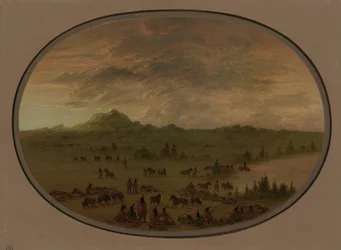Bivak van een Sioux oorlogspartij bij zonsopgang