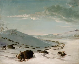 Buffalo Chase in de winter, Indianen op sneeuwschoenen