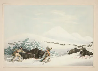 Buffeljacht, op sneeuwschoenen, pl. 15 uit de North American Indian Portfolio