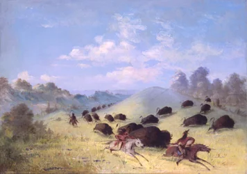 Comanche Indianen jagen op buffels met lansen en bogen