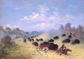 Comanche-indianen jagen op bizons met lansen en bogen, 1846-1848