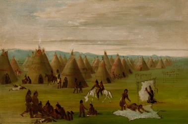 Comanche Dorp, Vrouwen die Robes Kleden en Vlees Drogen, 1834-1835