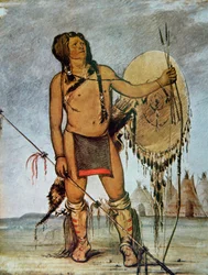 Comanche krijger met een schild, lans en boog en pijlen, c.1835