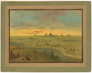 Kampement van Pawnee-indianen bij zonsondergang