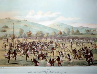 Indiaan van Amerika: een balspel in een stam van Roodhuiden. Prent door George Catlin (1794-1872) 19e eeuw Privécollectie