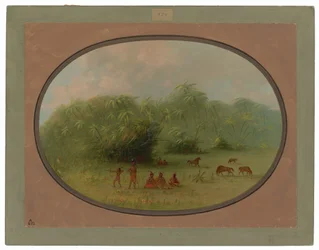 Indianen en paarden in het bos