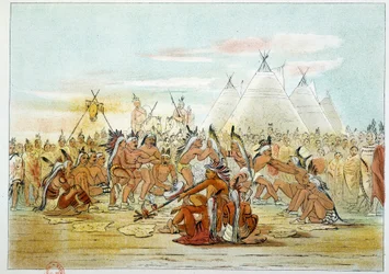 Indianen van Amerika: Assiniboin stam die lijkt op Sioux dansen pijpdans. Illustratie door George Catlin